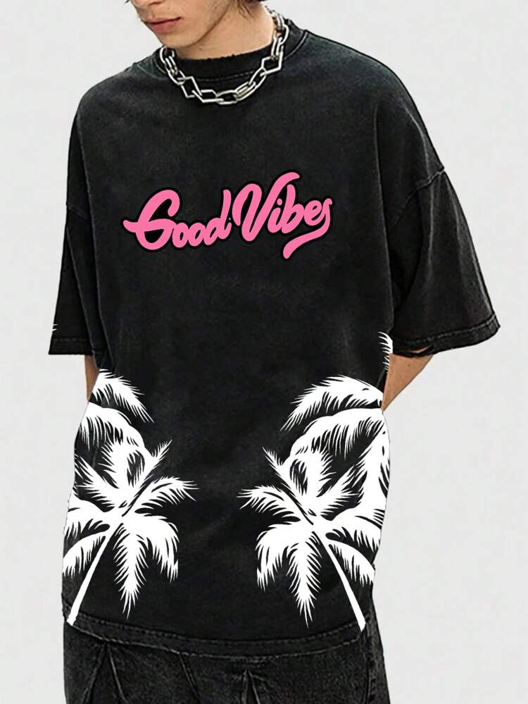 Men's Summer Palm Tree Letter Print Short Sleeve Casual T-Shirt