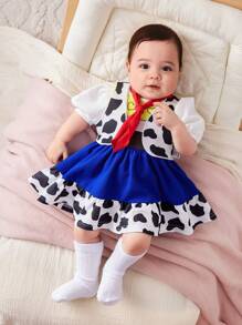 SHEIN Newborn Baby Girl Cow Pattern Vest Coat, Cartoon Printed Bubble Short Sleeve Dress Outfit, Cute Casual Style