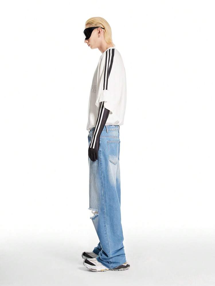 Men's Light Blue Distressed Wide-Leg Straight Jeans