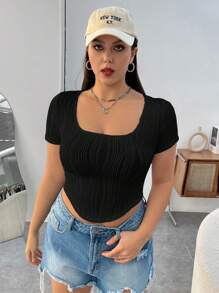 SHEIN EZwear 大码白色针织女式修身 T 恤 - 黑色 - 查看 3