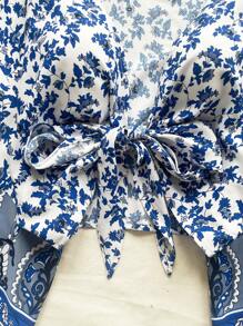 Soleia WYWH女士休閒度假碎花拼接荷葉邊打結上衣，配鈴鐺袖