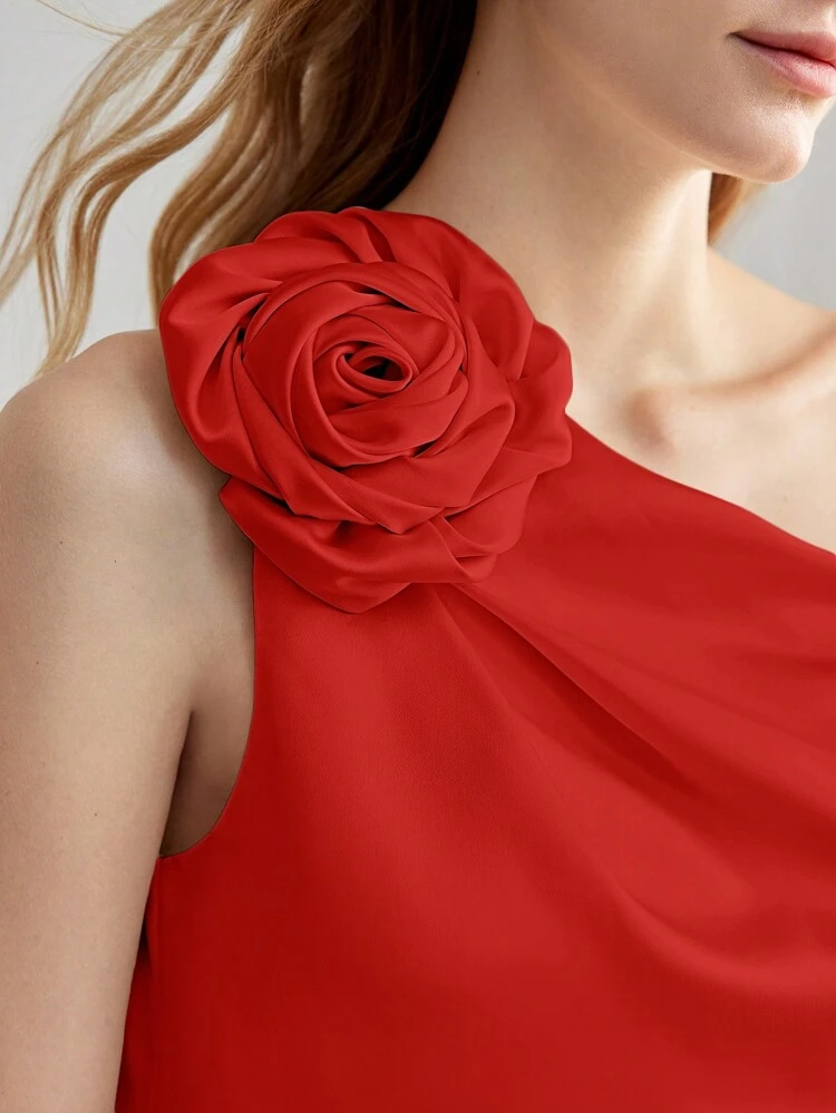 Blusa de Ombro Único com Remendos Florais para Roupas de Ano Novo