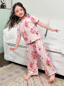 SHEIN Young Girl Casual And Comfortable Floral Pattern Short Sleeve Top & Long Pants Knit Flame Resistant Homewear Pajama Set - Baby Pink - View 6