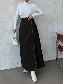 EURMUSE Women's Solid Color Cross Wrap Casual Denim Skirt For Summer - Black - View 4