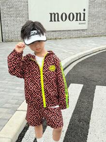 SHEIN Young Boys Geo Print Contrast Side Seam Hooded Jacket & Shorts - Brown - View 4