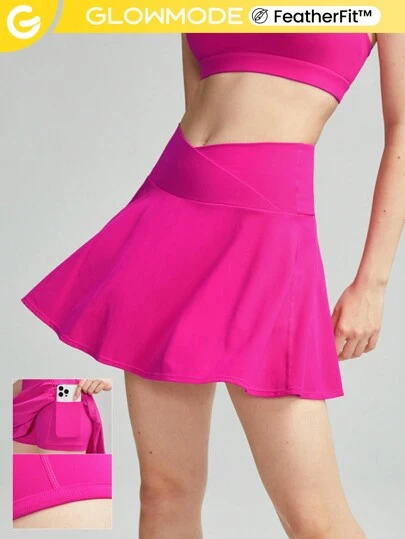 GLOWMODE FeatherFit™  Crossover Built-In Shorts Pocket Anti-Slip Strips White Tennis Skirt Skort Light Support Low Impact Tennis Golf