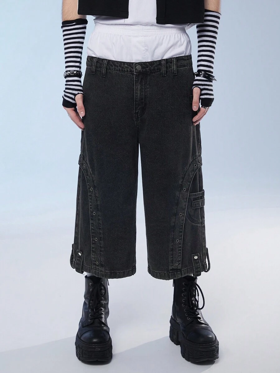 Manfinity Roghcode Men's Eyelet Embellished Wide-Leg Loose-Fit Denim Shorts, Streetwear - Dark Grey - View 1