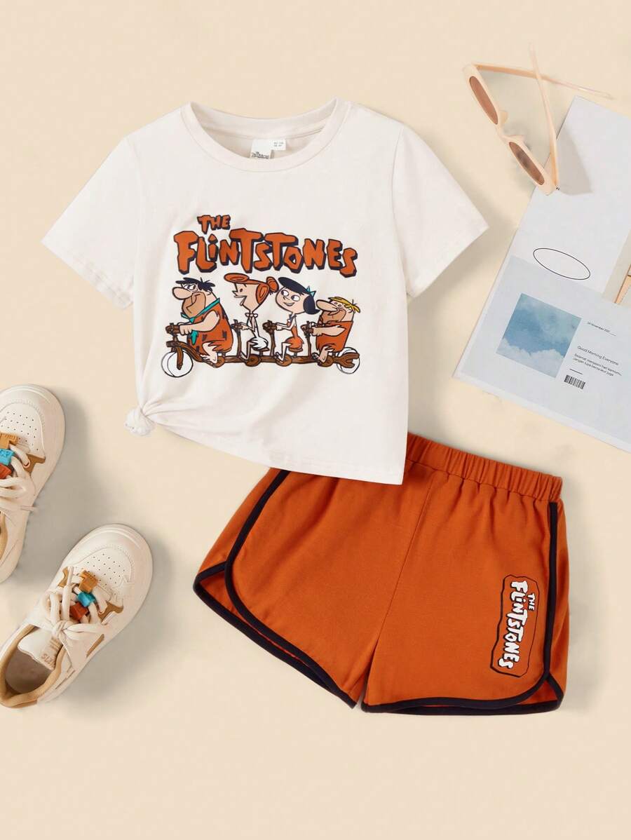 THE FLINTSTONES | SHEIN Young Girl Casual Sporty Cartoon Character Letter Print Round Neck Short Sleeve T-Shirt And Contrast Trim Shorts Set, Summer - Apricot - View 1