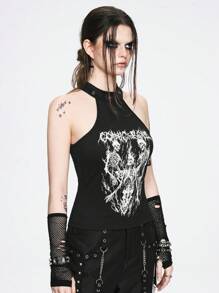 ROMWE Grunge Punk 针织高领性感拼色朋克风格女式深色骷髅印花无袖背心，学校风 - 黑色 - 查看 4