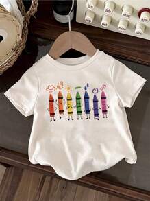 Summer Baby Girl Cartoon Watercolor Pen Print Round Neck Short Sleeve Casual T-Shirt - White - View 3