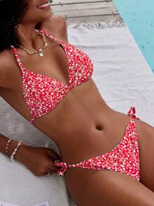 SHEIN Swim Ditsy Floral Print Halter Triangle Bikini Set Summer - Red and White - View 3