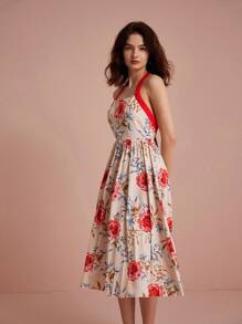 Chiquease Váy in hoa ngẫu nhiên có dây đeo màu tương phản hở lưng trang trí vòng sắt - Nhiều màu - Xem 3
