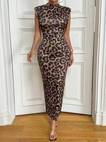 RosyDaze Women's Leopard Print Stand Collar Padded Shoulder Bodycon Dress Maxi Women Outfit - Multicolor - View 7