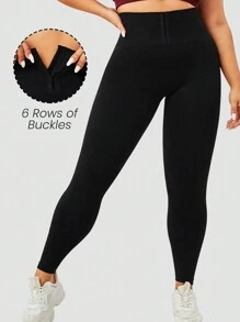 Easithlete 大碼素色寬腰帶運動打底褲 - 黑色 - 查看 2