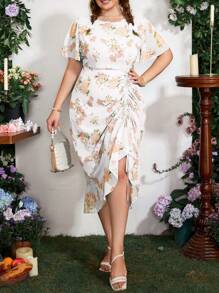 SHEIN Clasi Plus Size Round Neck Floral Printed Drawstring Ruched Summer Short Sleeve Dress - Multicolor - View 4