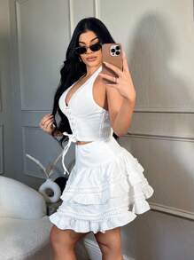 SHEIN SXY High-Waisted Multi-Layer Lace Mini White Skirt, Sexy Western Wear Birthday Bachelorette Party Concert Club Graduation Skirt - White - View 4