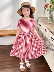 Vestido informal entero para niña tejido a cuadros con cuello redondo - Rojo y blanco - Ver 3