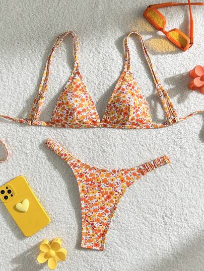 Swim Mod Ladies' Summer Beach Orange Ditsy Floral Sexy Bikini Set, Random Print
