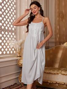 PalaceNights Camisole Sleep Dress And Contrast Lace Robe Elegant Pajama Set White Set Holiday Season, Fall Winter Clothes - White - View 5