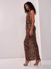 MUSERA Sexy Leopard Deep Plunge Cowl Neck Drape Detail Maxi Dress Elegant Spring Summer Going Out Long Dress - Multicolor - View 5