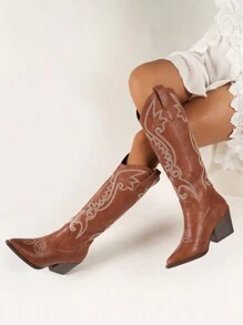 New Embroidered Pointed Toe High-Cut Western Women's Boots, Perfect With Sweater, Cowboy Boot - Brown - View 2