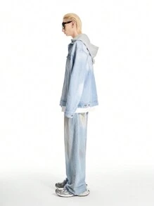 Manfinity Hypemode Men's Light Blue Vintage Distressed Denim Oversized Hooded Jacket - Light Wash - View 11