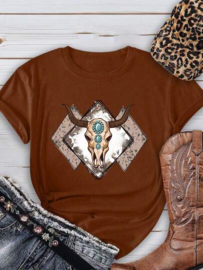 SHEIN LUNE Camiseta gráfica de manga corta informal con estampado de calavera y cabeza de toro, para tallas grandes, para mujer, para verano