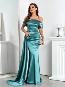 SHEIN Belle Dresses Graduation Elegant One-Shoulder High-Waist Open-Back Ribbon Long Dress Bridesmaid Adult Dress Formal Evening Prom Wedding Guest Gown, For Dinner - Teal Blue - View 5