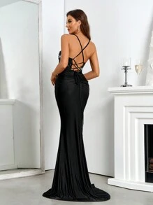 SHEIN Belle Trang phục dự tiệc tối trang trọng hở lưng bằng vải satin cạp cao, váy dài cho nữ, váy đêm hẹn hò, váy dạ hội bán trang trọng, cho sinh nhật, khách dự tiệc cưới, tiệc tốt nghiệp, váy maxi quyến rũ, váy dạ hội thanh lịch bốn mùa lễ hội, váy dạ hội - màu đen - Xem 2