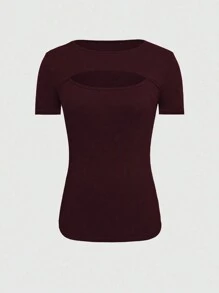 INAWLY Camiseta de manga corta con cuello redondo, ajuste delgado, hueco y de unicolor para mujer en verano - Burdeos - Ver 3