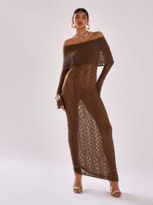 MUSERA 薄纱蕾丝长袖露肩翻领上衣长裙，适合度假、春夏海滩穿着，优雅婚礼宾客款 - 咖啡 - 查看 1