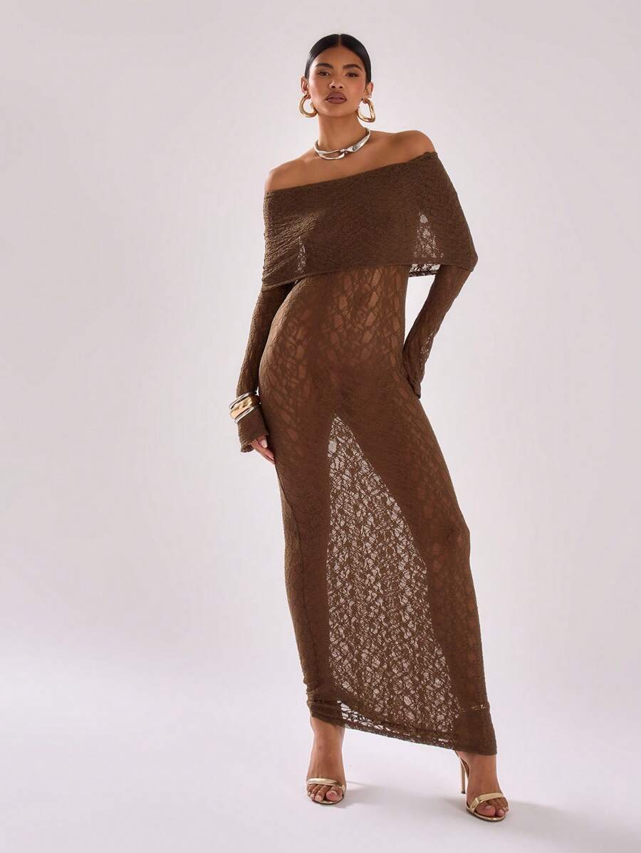 MUSERA 薄纱蕾丝长袖露肩翻领上衣长裙，适合度假、春夏海滩穿着，优雅婚礼宾客款 - 咖啡 - 查看 1