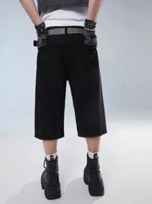 Manfinity Denimwave Men's Wide-Leg Loose-Fit Denim Shorts With Raw Hem And Mid-Length, With Front And Back Pockets, Streetwear - Black - View 2