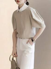 Lunelith SHEIN Lunessa Camisa de botones con cuello de color contrastante, de manga corta casual