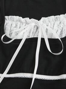 ROMWE Kawaii Square Neck Lace Stitching Puff Sleeve 2 In 1 Ballet Style Colorblock Women's T-Shirt, School - Black - View 2