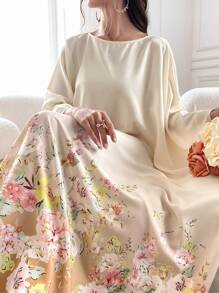 Yasmyna Váy Kaftan tay cánh dơi in hoa, váy Ả Rập dài tay giản dị - Màu be - Xem 1
