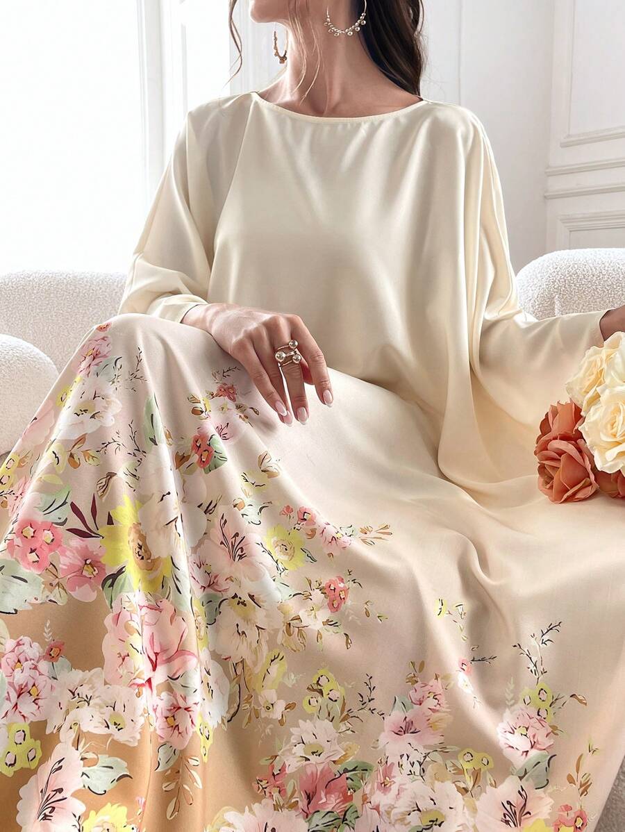 Yasmyna Váy Kaftan tay cánh dơi in hoa, váy Ả Rập dài tay giản dị - Màu be - Xem 1