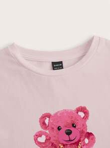 Slaydiva Maglietta casual rosa a maniche corte e aderente con motivo di orso cartone animato per le donne, estate - Rosa Baby - Visualizzare 4