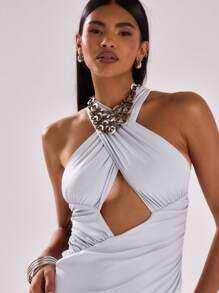 MUSERA 交叉前开衩连体裤性感夜店春夏度假优雅春季休闲装 - 淺藍色 - 查看 3