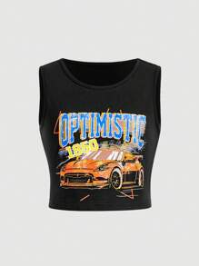 SHEIN 青少年女孩纯色字母和汽车印花背心和黑色贴袋牛仔短裤 2 件套服装 - 黑色 - 查看 7