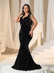 Faeriesty 加流苏边甜心领美人鱼下摆亮片派对礼服黑色优雅正式晚会舞会婚礼宾客礼服，适合毕业典礼、晚宴 - 黑色 - 查看 6