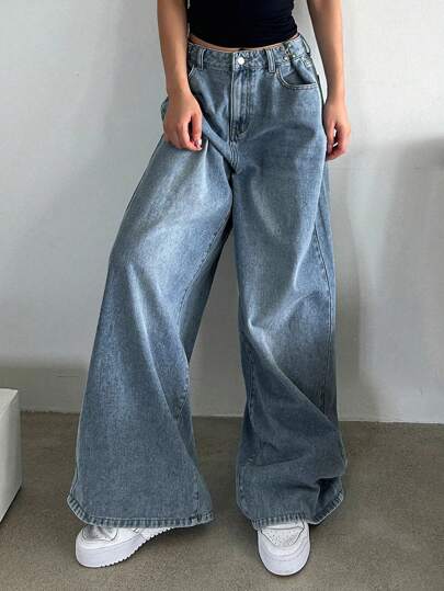 DAZY Jeans de pierna ancha con bolsillo inclinado, jeans holgados