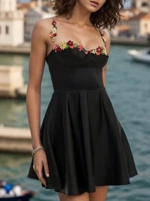 Women Summer Embroidery Patchwork A Line Pleated Waist Strap Mini Dress - Black - View 1