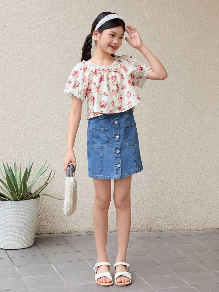 Tween Girl Ditsy Floral Shirt And Front Button Denim Skirt Casual 2pcs Set