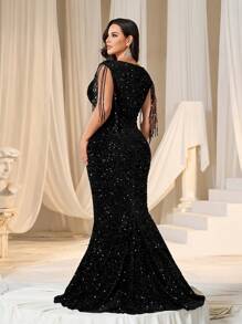 Faeriesty 加流苏边甜心领美人鱼下摆亮片派对礼服黑色优雅正式晚会舞会婚礼宾客礼服，适合毕业典礼、晚宴 - 黑色 - 查看 3