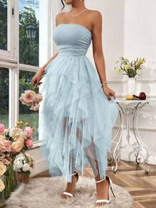 Rafferiza Vestido para Formatura de Verão & Recepção de Casamento, Vestido Longo Feminino Azul de Tule Tomara que Caia - Azul bebê - Visão 5