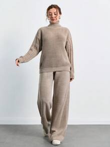 SHEIN Tall Tuta con maglione a collo alto, maniche cadenti e pantaloni - Moka Marrone - Visualizzare 4