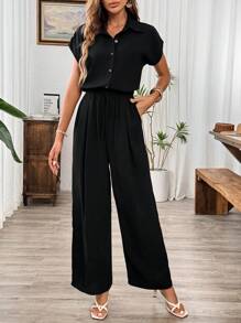 Calvaya Summer Casual Linen Black Jumpsuit With Elastic Waist And Wide-Leg Pants - Black - View 6