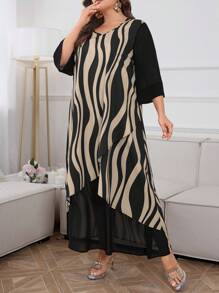 Mulvari Robe arabe à mailles contrastantes imprimées en vagues et en rayures, mode vintage décontractée et lâche printemps été
