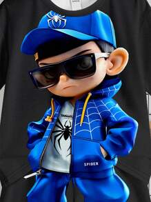 SHEIN Leap Crew 3D印花青少年休閒卡通圓領短袖T恤和短褲2件套裝，適用於夏季 - 黑色 - 查看 4